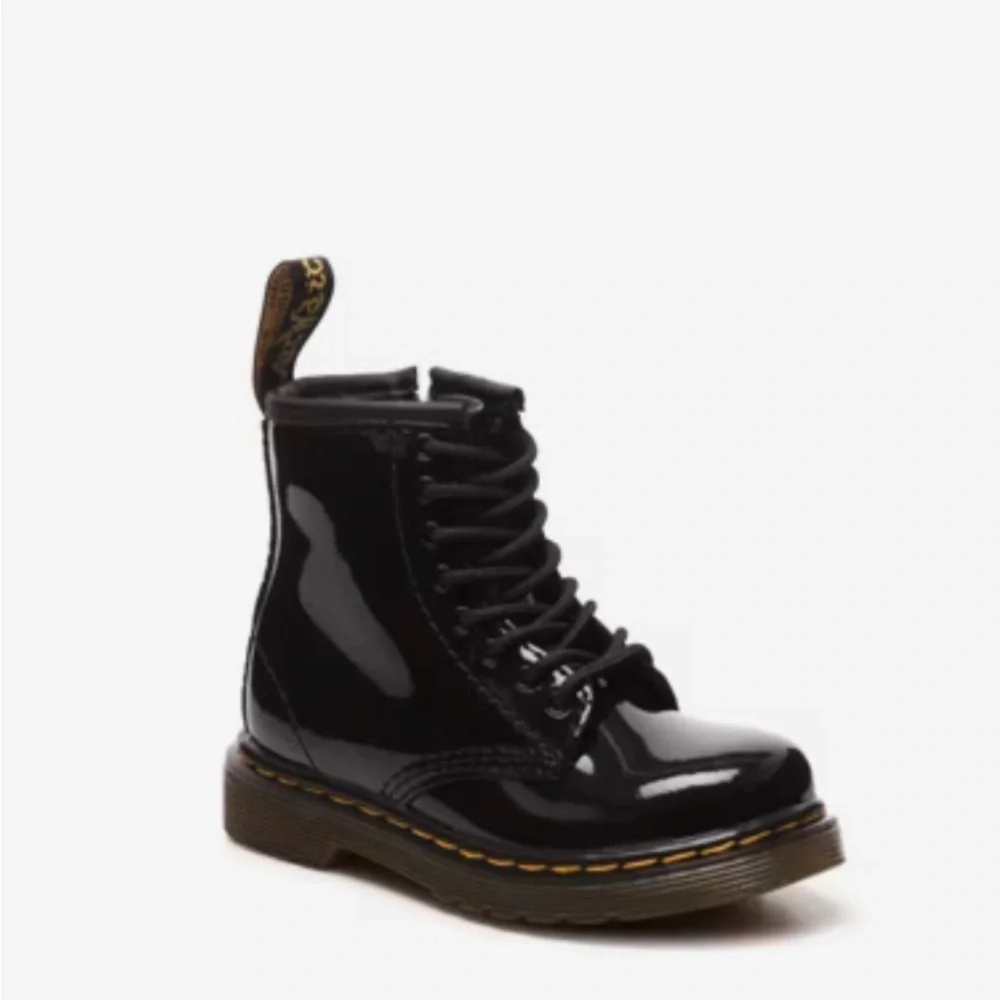 Dr. Martens Black Patent Lace-Up Combat Boot with Yellow Stitching